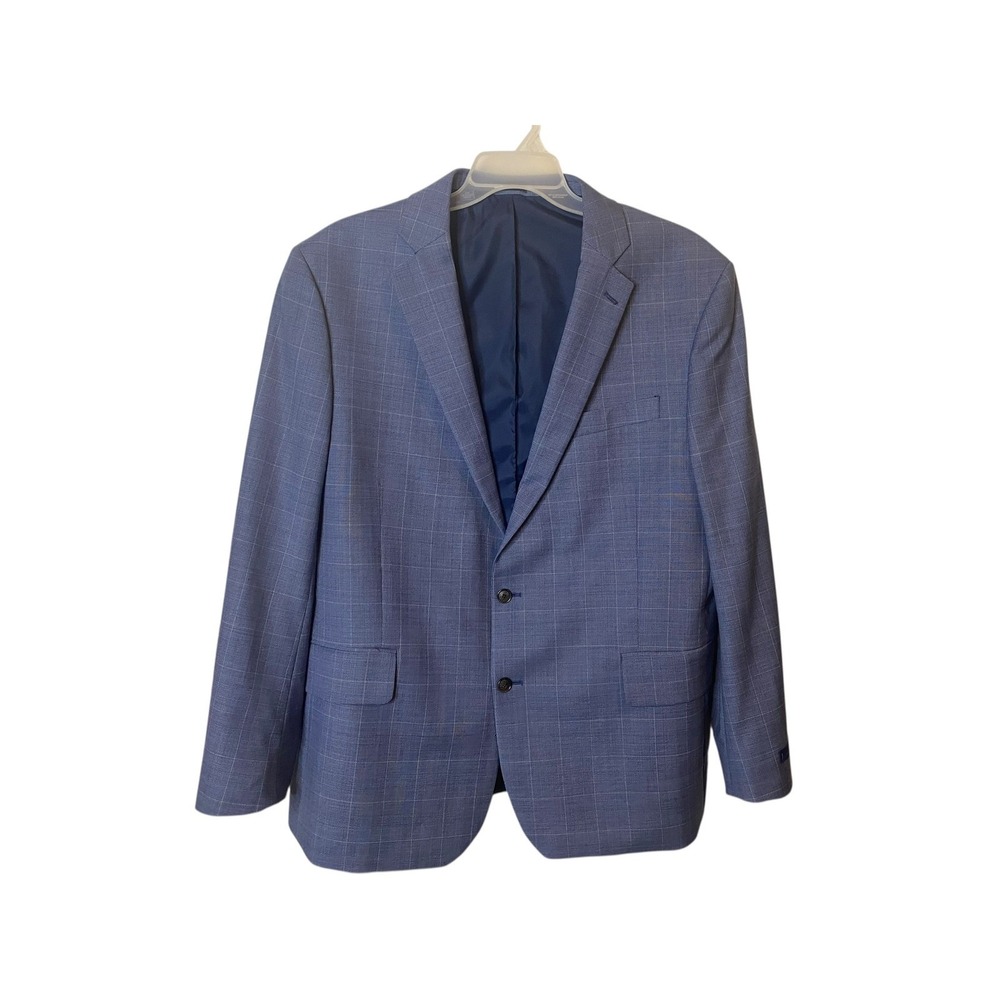 Stafford Coolmax Sports Coat Blazer Men's 50 R Windowpane Plaid Blue Wool Blend